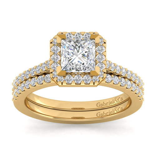 14K Yellow Gold Princess Halo Diamond Engagement Ring
