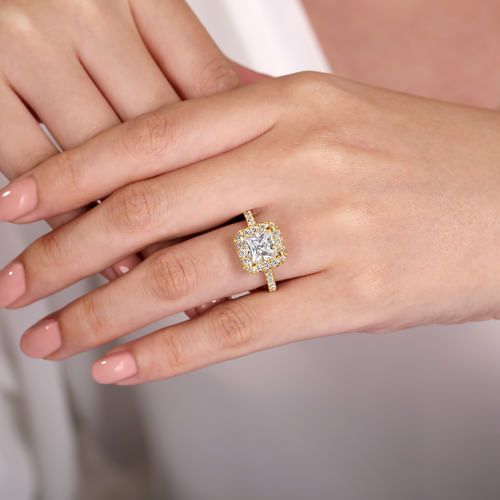 14K Yellow Gold Princess Halo Diamond Engagement Ring