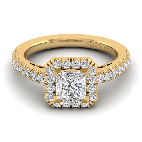 14K Yellow Gold Princess Halo Diamond Engagement Ring