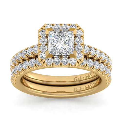 14K Yellow Gold Princess Halo Diamond Engagement Ring