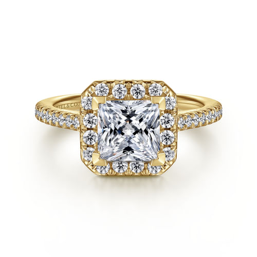 14K Yellow Gold Princess Halo Diamond Engagement Ring