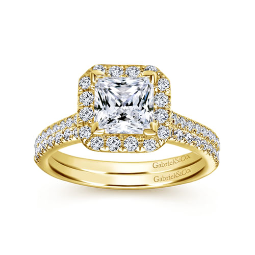 14K Yellow Gold Princess Halo Diamond Engagement Ring