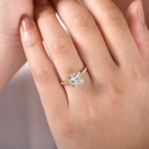 14K Yellow Gold Princess Halo Diamond Engagement Ring