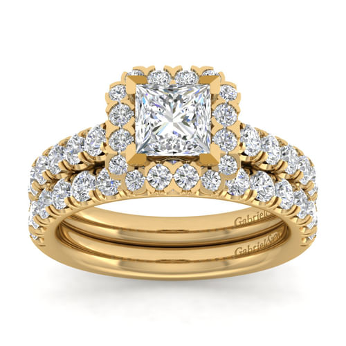 14K Yellow Gold Princess Halo Diamond Engagement Ring