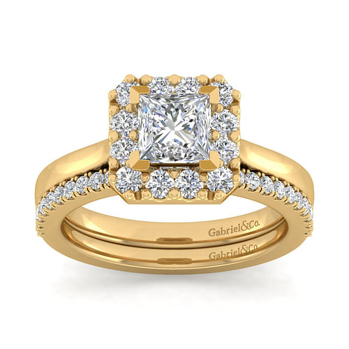 14K Yellow Gold Princess Halo Diamond Engagement Ring