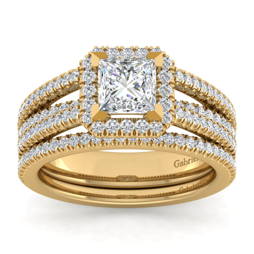 14K Yellow Gold Princess Halo Diamond Engagement Ring