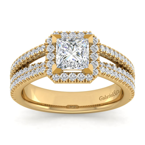 14K Yellow Gold Princess Halo Diamond Engagement Ring