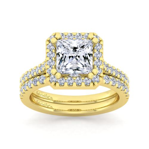 14K Yellow Gold Princess Halo Diamond Engagement Ring