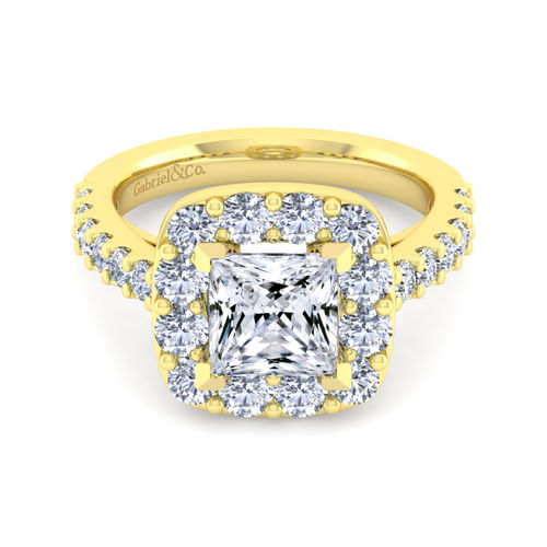 14K Yellow Gold Princess Halo Diamond Engagement Ring