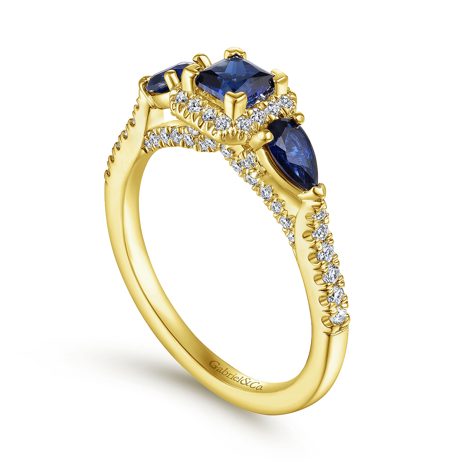 14K Yellow Gold Princess Halo Sapphire and Diamond Engagement Ring