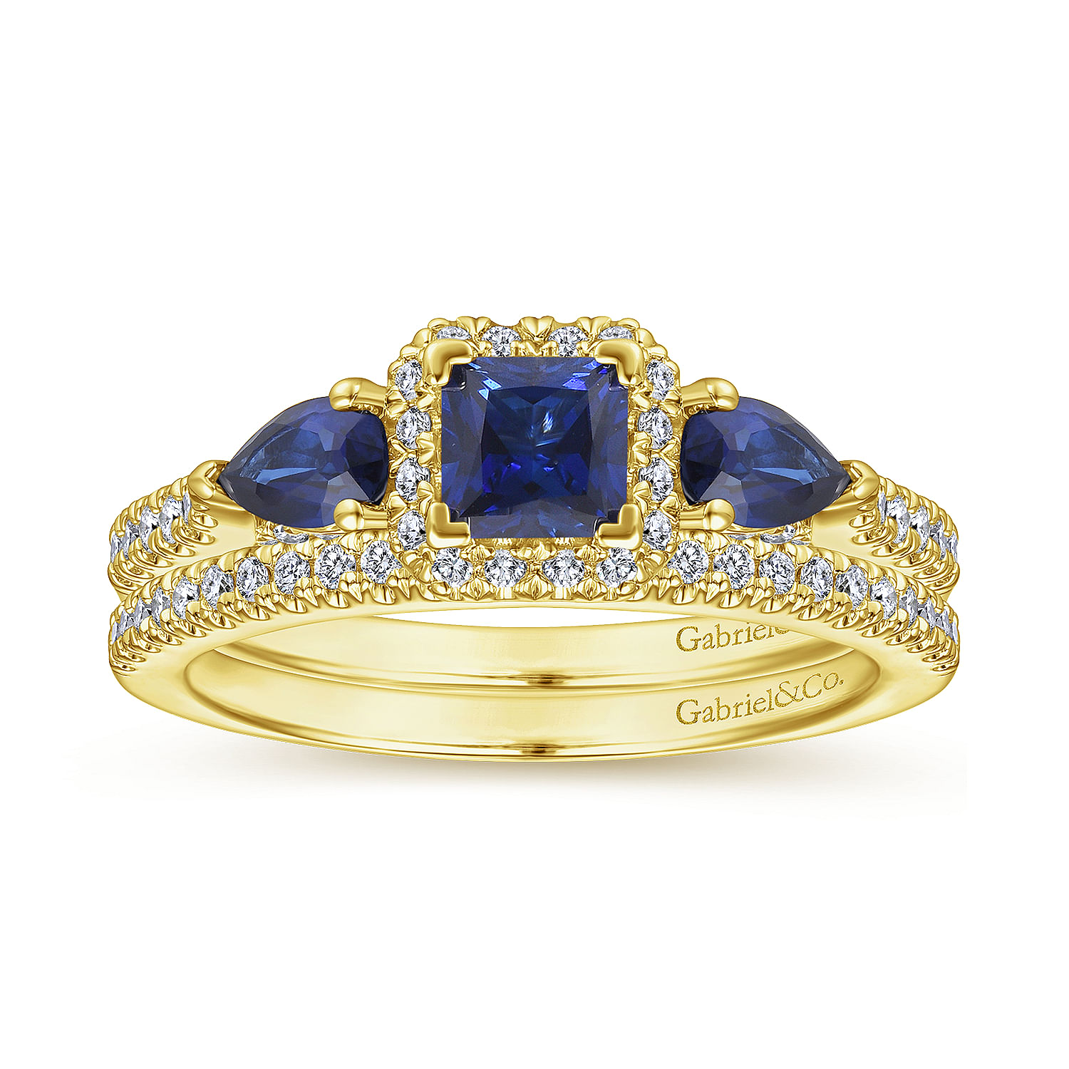 14K Yellow Gold Princess Halo Sapphire and Diamond Engagement Ring