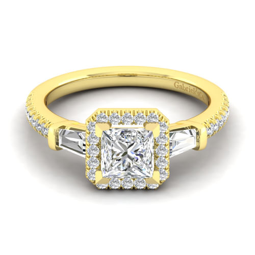 14K Yellow Gold Princess Three Stone Halo Diamond Channel Set Engagement Ring