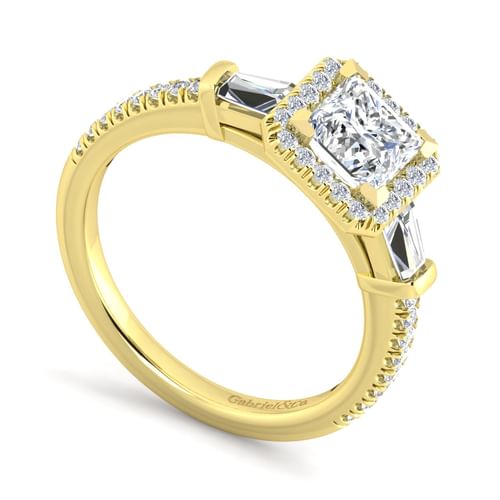 14K Yellow Gold Princess Three Stone Halo Diamond Channel Set Engagement Ring