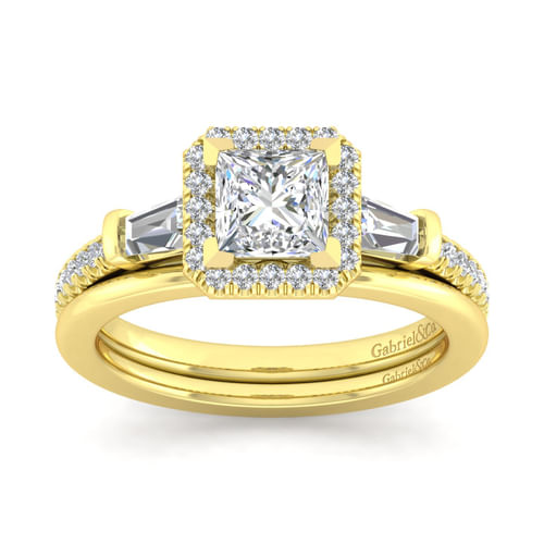 14K Yellow Gold Princess Three Stone Halo Diamond Channel Set Engagement Ring