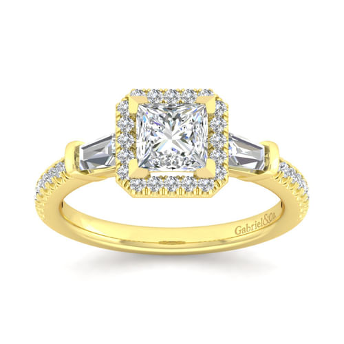 14K Yellow Gold Princess Three Stone Halo Diamond Channel Set Engagement Ring