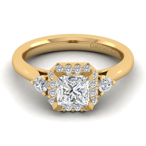 14K Yellow Gold Princess Three Stone Halo Diamond Engagement Ring