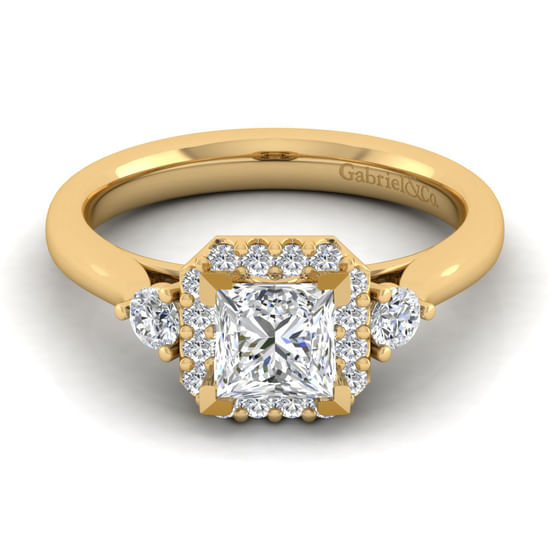 Gabriel - 14K Yellow Gold Princess Three Stone Halo Diamond Engagement Ring