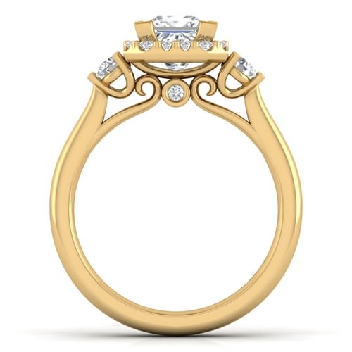 14K Yellow Gold Princess Three Stone Halo Diamond Engagement Ring