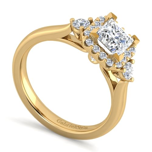 14K Yellow Gold Princess Three Stone Halo Diamond Engagement Ring