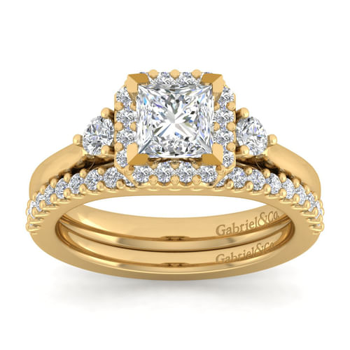 14K Yellow Gold Princess Three Stone Halo Diamond Engagement Ring