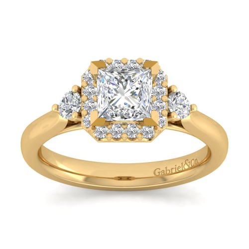 14K Yellow Gold Princess Three Stone Halo Diamond Engagement Ring
