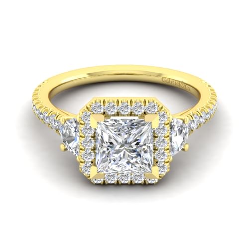 14K Yellow Gold Princess Three Stone Halo Diamond Engagement Ring