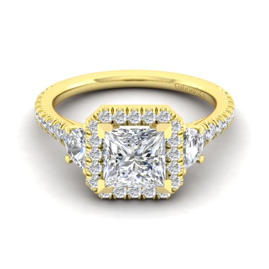 Gabriel - 14K Yellow Gold Princess Three Stone Halo Diamond Engagement Ring
