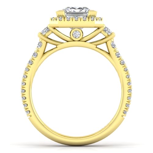 14K Yellow Gold Princess Three Stone Halo Diamond Engagement Ring