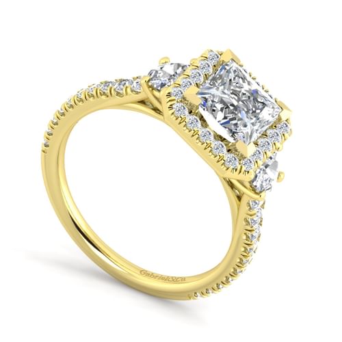 14K Yellow Gold Princess Three Stone Halo Diamond Engagement Ring