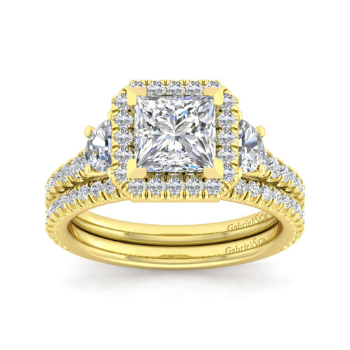 14K Yellow Gold Princess Three Stone Halo Diamond Engagement Ring