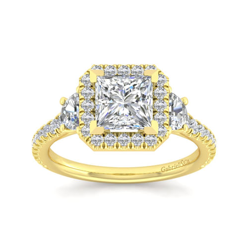 14K Yellow Gold Princess Three Stone Halo Diamond Engagement Ring