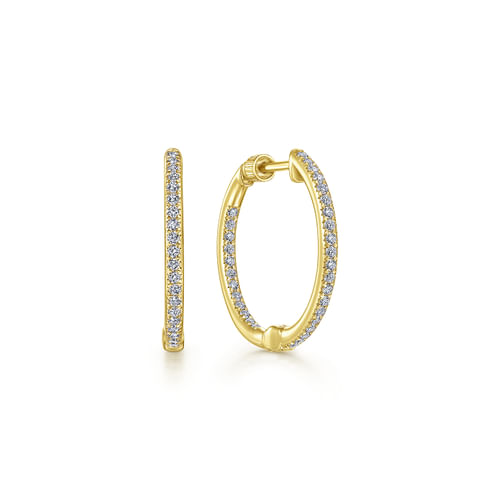 14K Yellow Gold Prong Set  20mm Round Classic Diamond Hoop Earrings