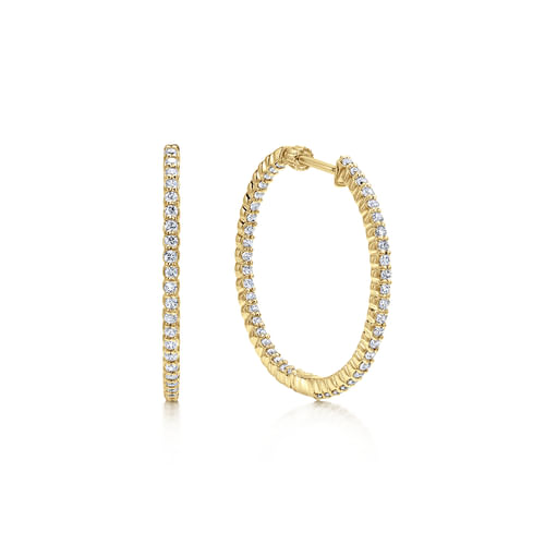 14K Yellow Gold Prong Set  25mm Round Inside Out Diamond Hoop Earrings