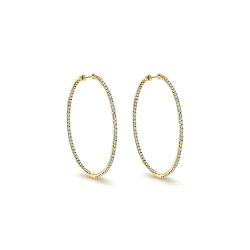 14K Yellow Gold Prong Set  50mm Round Inside Out Diamond Hoop Earrings