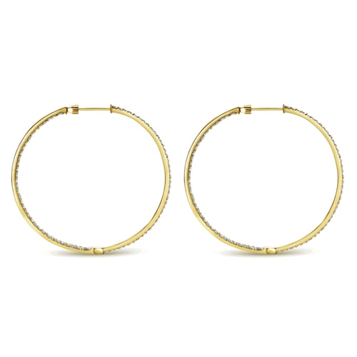 14K Yellow Gold Prong Set  50mm Round Inside Out Diamond Hoop Earrings