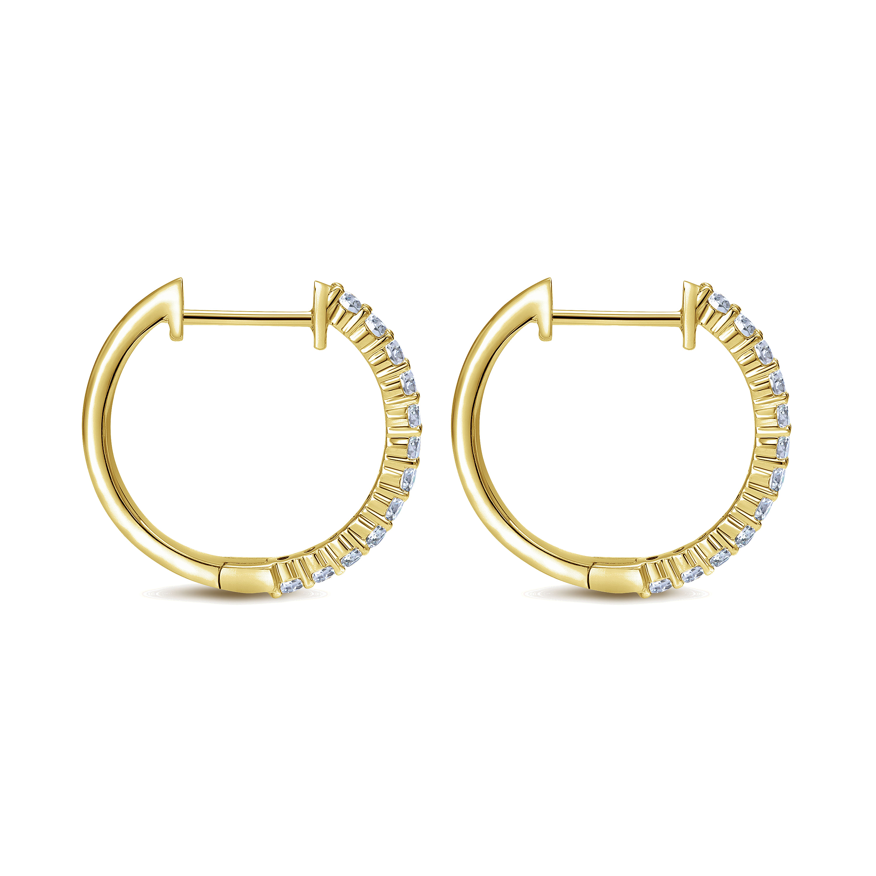 14K Yellow Gold Prong Set 15mm Round Classic Diamond Hoop Earrings