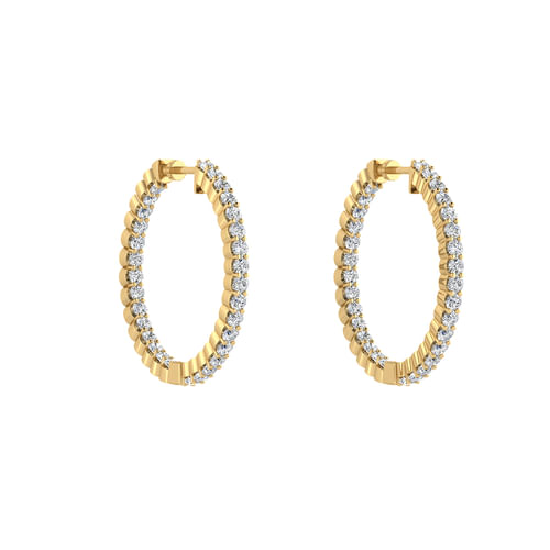 14K Yellow Gold Prong Set 25mm Round Inside Out Diamond Hoop Earrings