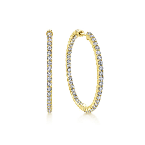 14K Yellow Gold Prong Set 35mm Round Inside Out Diamond Hoop Earrings