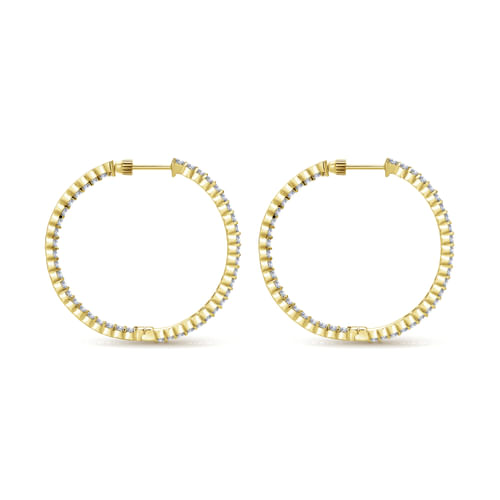 14K Yellow Gold Prong Set 35mm Round Inside Out Diamond Hoop Earrings