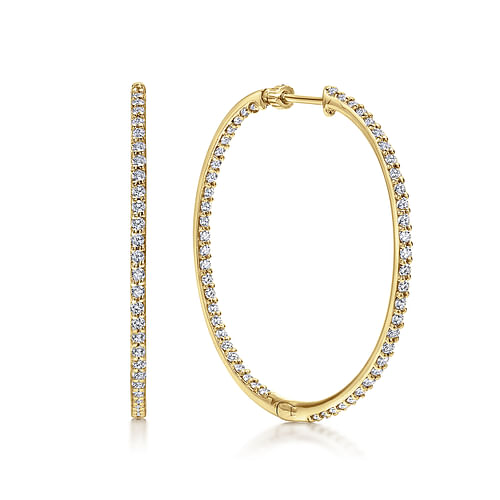 14K Yellow Gold Prong Set 40mm Round Inside Out Diamond Hoop Earrings