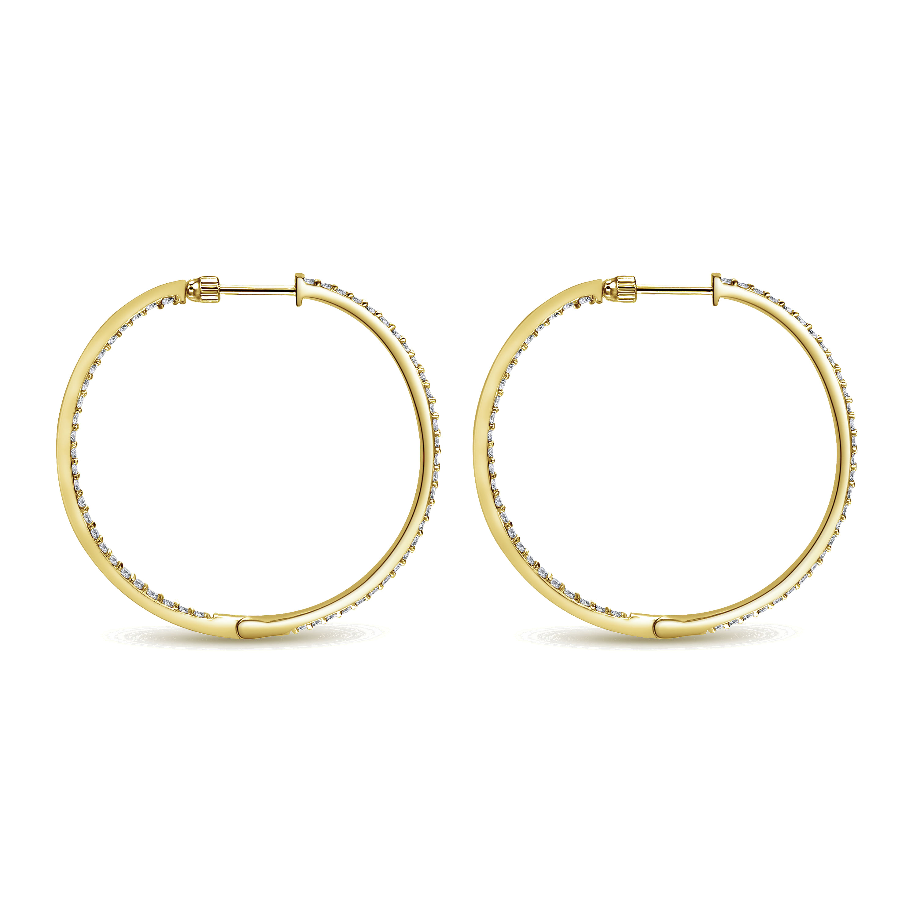 14K Yellow Gold Prong Set 40mm Round Inside Out Diamond Hoop Earrings