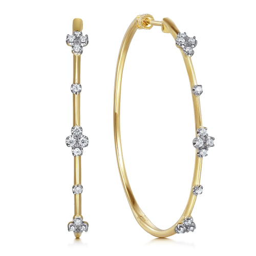 14K Yellow Gold Prong Set 50mm Round Classic Diamond Hoop Earrings