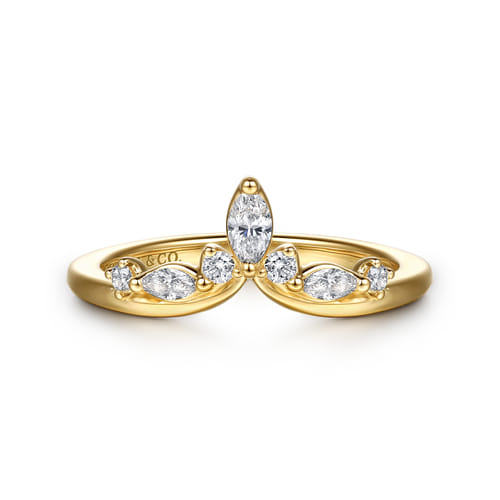 14K Yellow Gold Prong Set Marquise and Round Diamond Anniversary Band