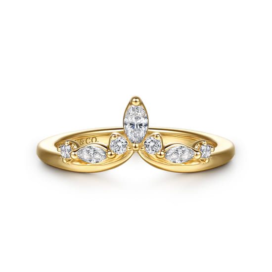 14K Yellow Gold Prong Set Marquise and Round Diamond Anniversary Band