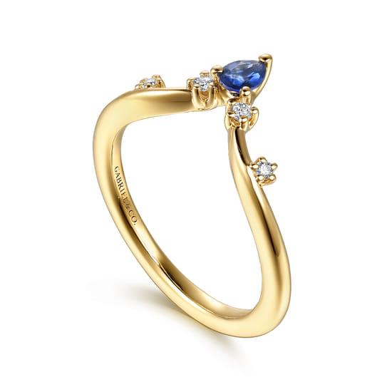 14K Yellow Gold Prong Set Pear Sapphire and Round Diamond Anniversary Band angle 3 14K Yellow Gold Prong Set Pear Sapphire and Round Diamond Anniversary Band angle 3