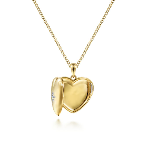 14K Yellow Gold Puff Heart Pendant Locket Necklace with Diamond Star