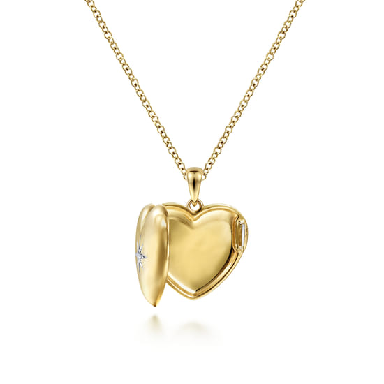 14K Yellow Gold Puff Heart Pendant Locket Necklace with Diamond Star angle 2