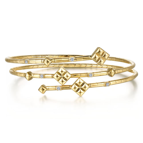 14K Yellow Gold Pyramid Quatrefoil and Diamond Stations Wrap Around Bangle