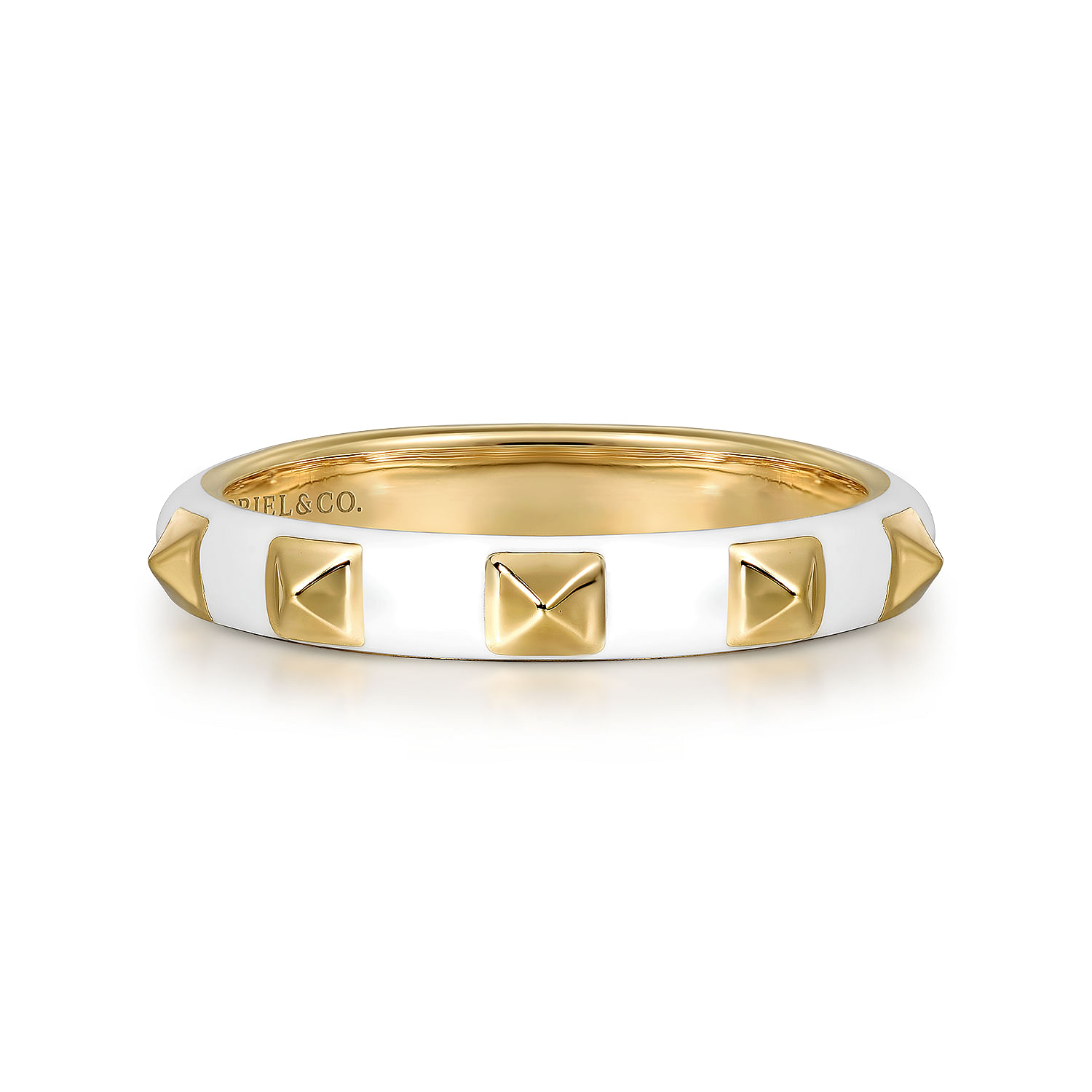 14K Yellow Gold Pyramid Stackable Ring with White Enamel
