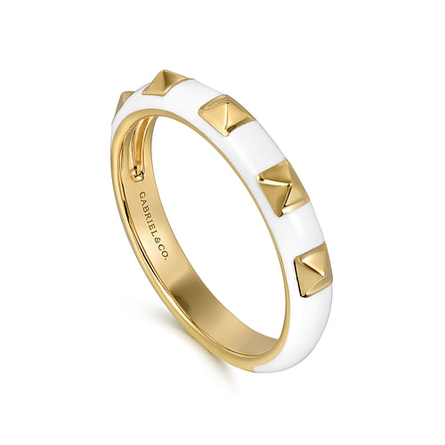 14K Yellow Gold Pyramid Stackable Ring with White Enamel